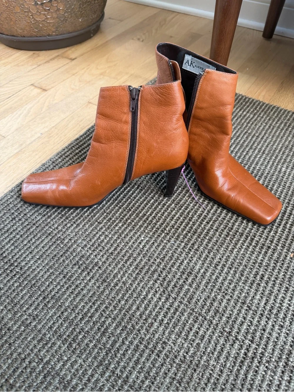 Anne Klein Cognac Leather Square-Toe Ankle Boots